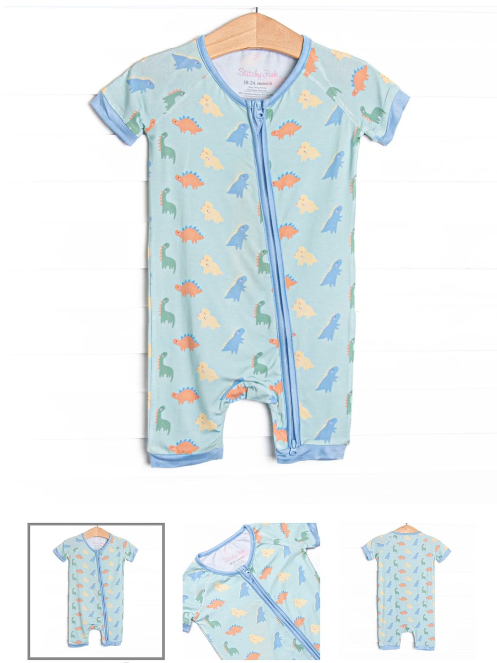 Stitchy Fish Bamboo Light Blue Dino Short-Sleeve Kids Pajamas Romper